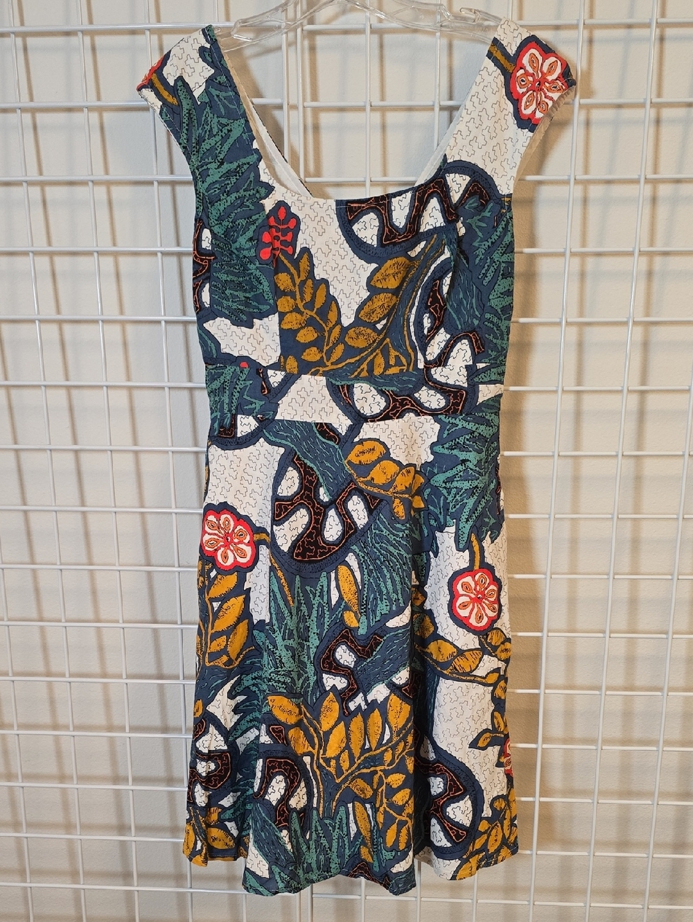 eshakti Abstract Floral A-Line Midi Dress White, Blue Multi Linen Blend Size Med